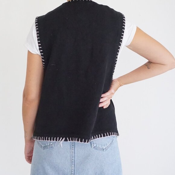 Vintage Victoria Jones Black Holiday Ski Snowman Vest Cotton Festive Grandpa L - Picture 2 of 10